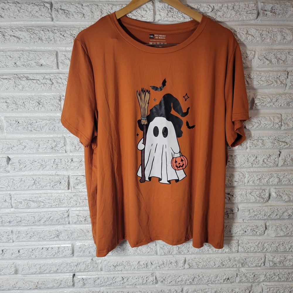 Halloween Women's 1XL Top Orange Trick or Treat Ghost Graphic Tee Plus Size Poly